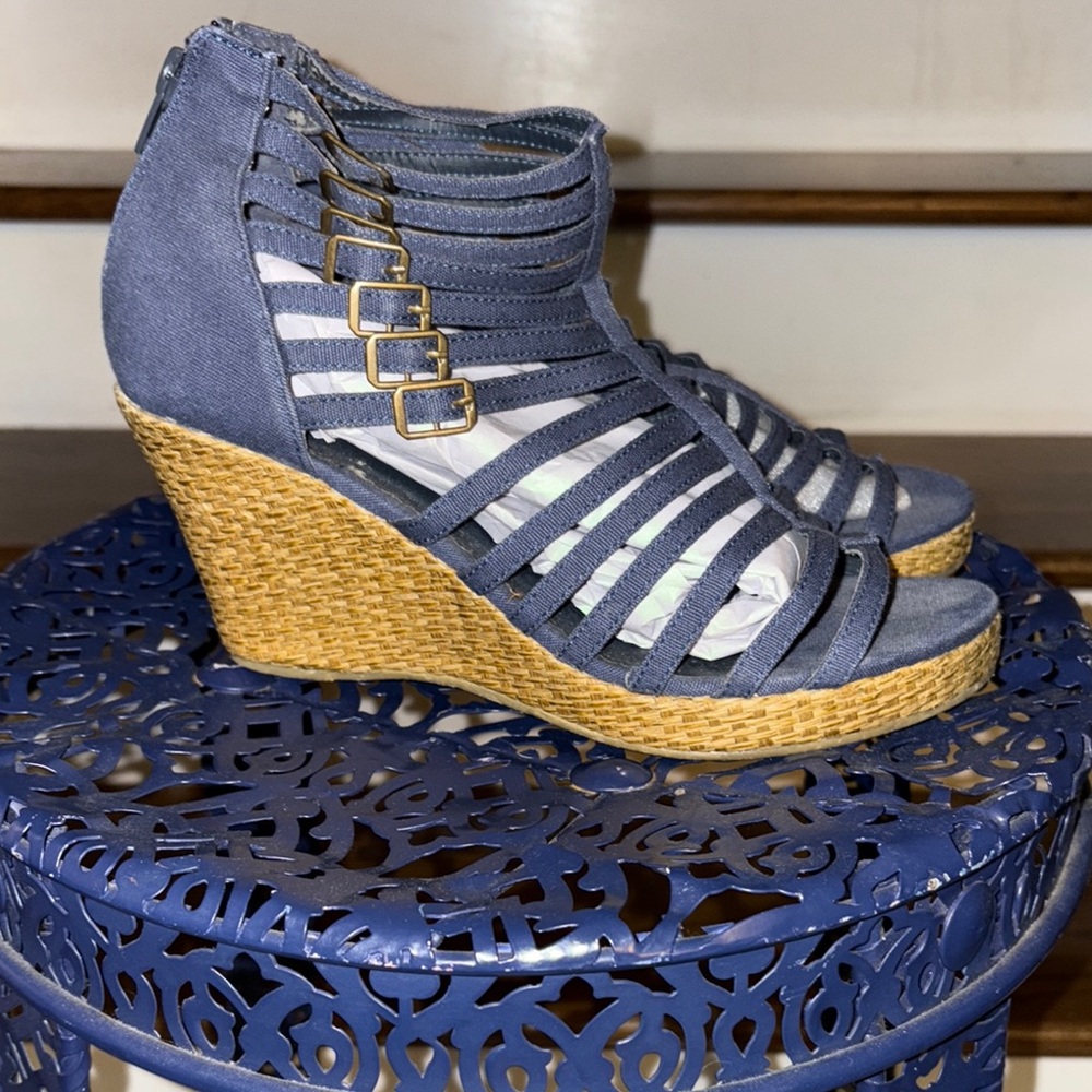 EUC Womens ANNA Navy Suede Staw wedge strappy gladiator platform 8.5